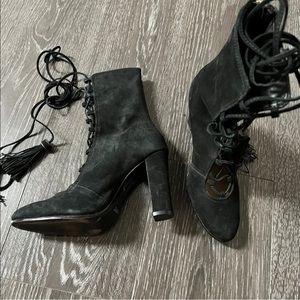 Schutz Tassel Lace Up Heel Booties Black Nubuck Leather
